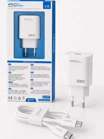 Acl L15 25W PD Hızlı Şarj Aleti ve Type-C to Type-C Kablo Seti Beyaz 1 Metre 3.4A