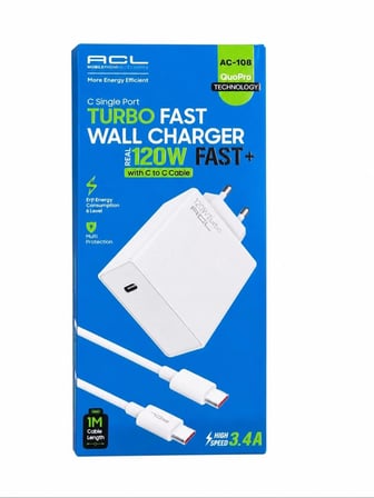 Acl AC-108 Beyaz 120W Turbo Hızlı Şarj Aleti ve Type-C to Type-C Kablo Seti (1 Metre)