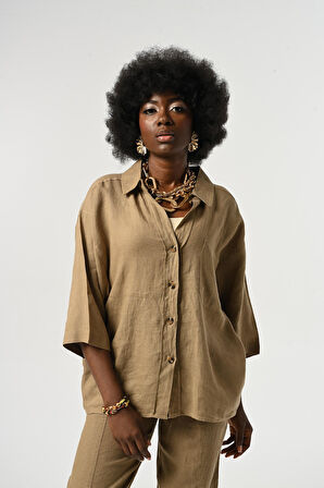 KADIN %100 KETEN TRUVAKAR KOLLU DÜZ RENK TEK CEPLİ GÖMLEK