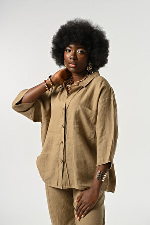 KADIN %100 KETEN TRUVAKAR KOLLU DÜZ RENK TEK CEPLİ GÖMLEK