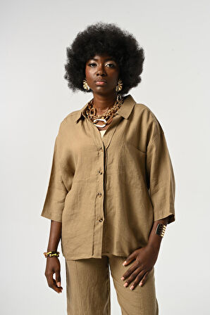 KADIN %100 KETEN TRUVAKAR KOLLU DÜZ RENK TEK CEPLİ GÖMLEK