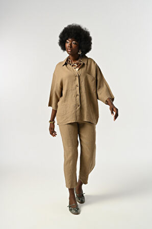 KADIN %100 KETEN TRUVAKAR KOLLU DÜZ RENK TEK CEPLİ GÖMLEK