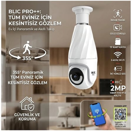 Akıllı Wifi Ampul Kamera 2MP 1080P FHD Panoramik Gece Görüşlü Güvenlik Kamerası