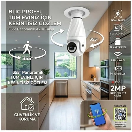 Akıllı Wifi Ampul Kamera 2MP 1080P FHD Panoramik Gece Görüşlü Güvenlik Kamerası
