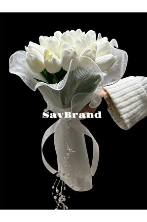 İncili Tüllü taşlı Gül gelin buketi