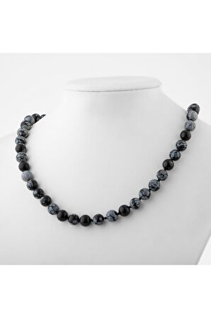 Karlı Obsidyen 8 mm Düğümlü Doğal Taş Kolye