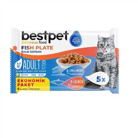 Bestpet Yetişkin Kediler İçin, Tahılsız, Jöle İçinde Balık Etli Ekonomik Et Sofrası Paketi 5x85 gr