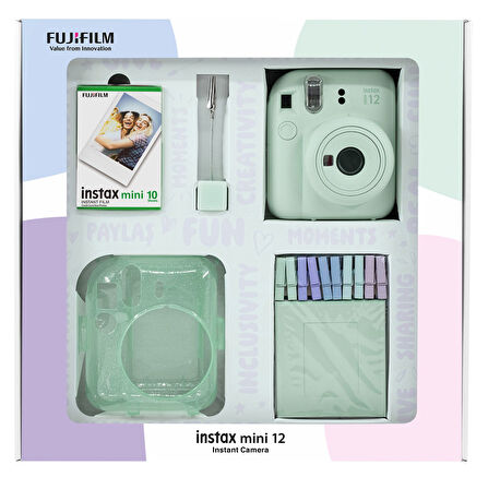 Fujifilm Instax Mini 12 10 Filmli Simli Pleksi Kılıf Mandal ve Kıskaçlı Resim Standlı Yeşil Fotoğraf