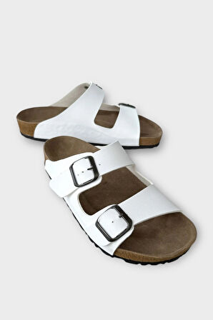 Unisex Çift Tokalı Ortopedik Terlik BEYAZ