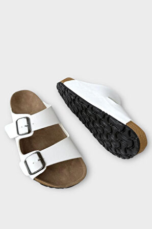 Unisex Çift Tokalı Ortopedik Terlik BEYAZ