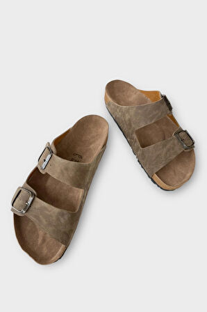 Unisex Çift Tokalı Ortopedik Terlik VİZON