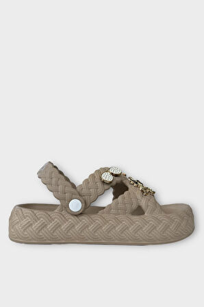 Kadın Hafif Kaymaz Taban Taşlı Havuz Plaj Deniz Terliği Sandalet VİZON