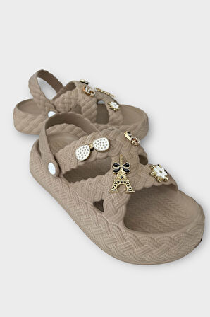 Kadın Hafif Kaymaz Taban Taşlı Havuz Plaj Deniz Terliği Sandalet VİZON