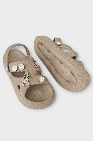 Kadın Hafif Kaymaz Taban Taşlı Havuz Plaj Deniz Terliği Sandalet VİZON