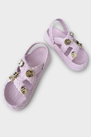 Kadın Hafif Kaymaz Taban Taşlı Havuz Plaj Deniz Terliği Sandalet Lila