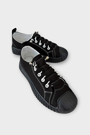 Unisex Kolay Giyilebilir Lastik Bağcıklı Spor Keten Sneaker Ayakkabı SİYAH