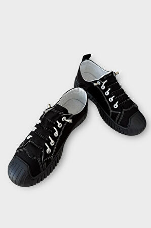 Unisex Kolay Giyilebilir Lastik Bağcıklı Spor Keten Sneaker Ayakkabı SİYAH