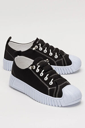 Unisex Kolay Giyilebilir Lastik Bağcıklı Spor Keten Sneaker Ayakkabı SİYAH - BEYAZ