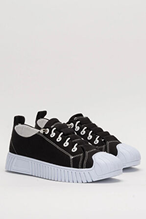 Unisex Kolay Giyilebilir Lastik Bağcıklı Spor Keten Sneaker Ayakkabı SİYAH - BEYAZ
