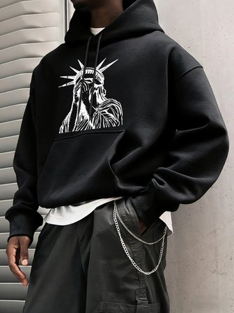 Özgürlük Heykeli Desenli S-2Xl Erkekler İçin Hip Hop Sonbahar Sweatshirtleri Cepli Polar Üstl