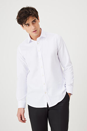 Erkek Beyaz Slim Fit Dar Kesim Klasik Yaka Pamuklu Armürlü Gömlek
