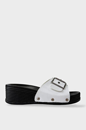 Kadın Günlük Terlik Tokalı Şık Ortopedik Yazlık Ev Plaj Tatil İş Terliği BEYAZ