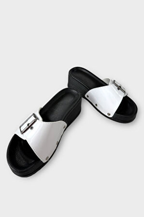 Kadın Günlük Terlik Tokalı Şık Ortopedik Yazlık Ev Plaj Tatil İş Terliği BEYAZ