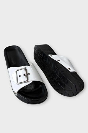 Kadın Günlük Terlik Tokalı Şık Ortopedik Yazlık Ev Plaj Tatil İş Terliği BEYAZ