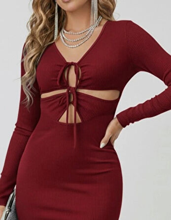 MDB Kadın Uzun Kollu Göğüs Ve Göbek Dekolte Detay Sandy Midi Boy Elbise