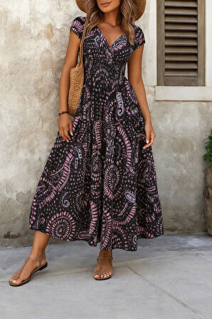 MDB Kadın Kısa Yarasa Kanat Kollu V Yakalı Beli Büzgülü Süprem Elbise