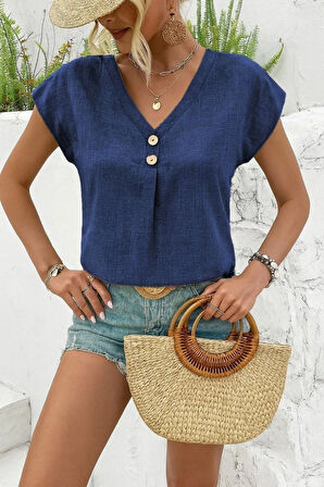 MDB Kadın Kısa Kollu V Yakalı Düğmeli Keten Bluz