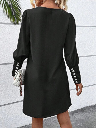 MDB Kadın Uzun Kollu V Yakalı Kısa Ithal Krep Elbise