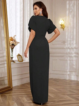 MDB Kadın Kısa Kollu Kruvaze Yakalı Belden çiçek Aksesuarlı Yırtmaçlı Ithal Krep Elbise