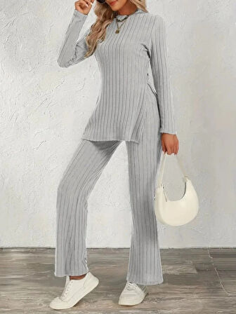 MDB Kadın Uzun Kollu Bisiklet Yaka Yandan Yırtmaçlı şardonlu Kaşkorse Bluz Ve Pantolon Ikili Takım