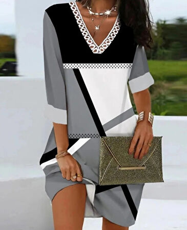 MDB Kadın Fakir Kollu V Dantel Yaka Geometrik Desenli Dalgıç Elbise