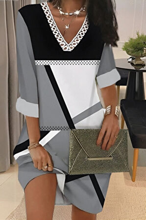 MDB Kadın Fakir Kollu V Dantel Yaka Geometrik Desenli Dalgıç Elbise