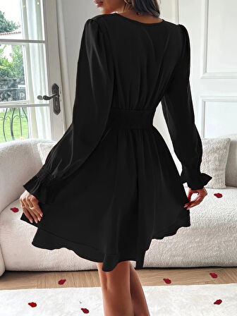 MDB Kadın Uzun Kollu Kruvaze Yakalı Mini Sandy Elbise