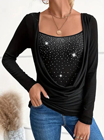 MDB Kadın Uzun Kollu Derin Degaje Yakalı Taşlı Sandy Bluz