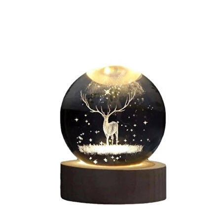 MDB Dekoratif Geyik Tasarımlı Ahşap altlıklı Işıklı Cam Küre Büyük Boy Cam:8cm Ahşap:2cm