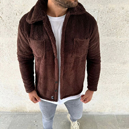 MDB Erkek Pelüş Polar Hırka Gömlek – Yakalı, İlik Düğmeli, Göğüs Cepli, Yumuşak Dokulu Kışlık Regular Fit Rahat Günlük odel  Kahverengi