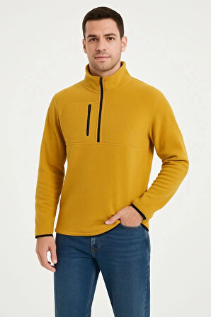 MDB Erkek Polar Kazak – Dik Yaka, Yarım Fermuarlı, Fermuarlı Göğüs Cepli, iyah Biyeli, Kışlık Rahat Regular Fit Günlük odel  arı