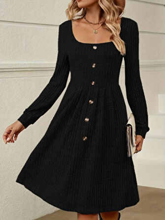 MDB Kadın Uzun Kollu Kare Yaka Düğmeli Kısa şardonlu Iki Iplik Mini Elbise