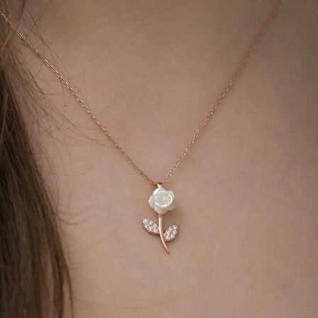 MDB 925 Ayar Gümüş Rose Beyaz Gül Kadın Gümüş Kolye