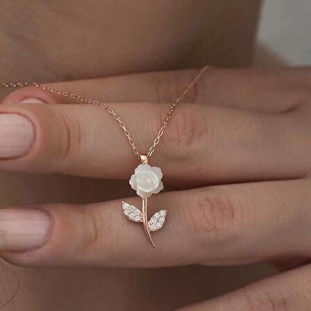 MDB 925 Ayar Gümüş Rose Beyaz Gül Kadın Gümüş Kolye