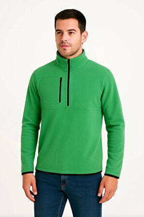 MDB Erkek Polar Kazak – Dik Yaka, Yarım Fermuarlı, Fermuarlı Göğüs Cepli, iyah Biyeli, Kışlık Rahat Regular Fit Günlük odel  Yeşil