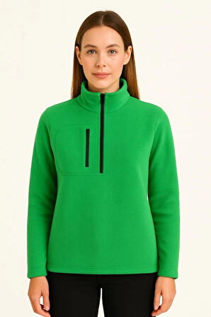 MDB Polar Kazak – Dik Yaka, Yarım Fermuarlı, Fermuarlı Göğüs Cepli, iyah Biyeli, Kışlık Rahat Regular Fit Günlük odel  Yeşil