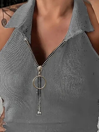 MDB Kadın Kolsuz Polo Yaka önü Fermuarlı Kaşkorse Bluz