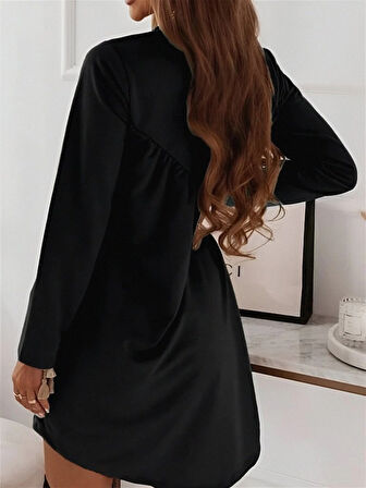 MDB Kadın Uzun Kollu Bisiklet Yaka çapraz Büzgü Detay Iki Iplik Mini Boy Elbise