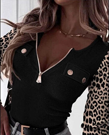 MDB Kadın Uzun Kollu Leopar Desenli Fermuarlı önden Cep Ve Düğme Detaylı Kaşkorse Bluz