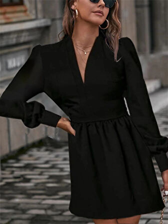 MDB Kadın Uzun Kollu V Yaka Belden Hafif Pileli Scuba Krep Mini Boy Elbise